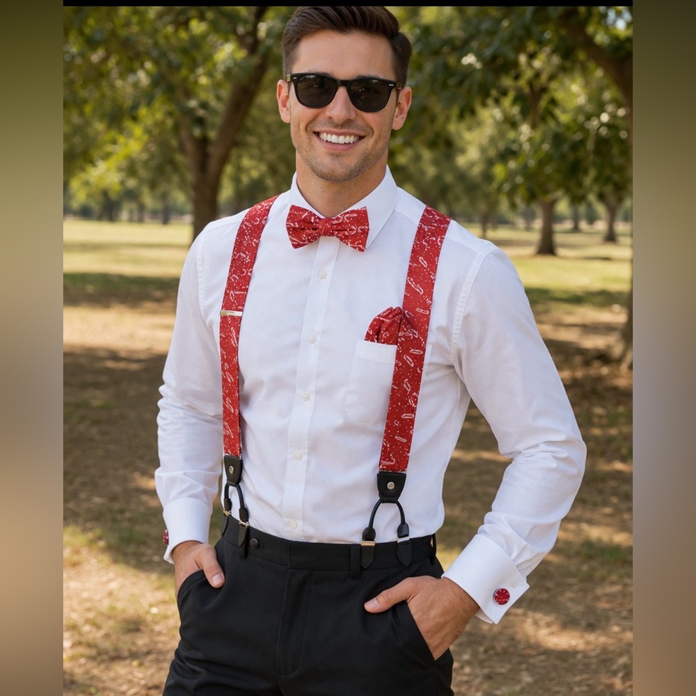 NWOT Men’s Christmas Suspenders Set Candy Cane Bow Tie, Pocket Square, Cufflinks